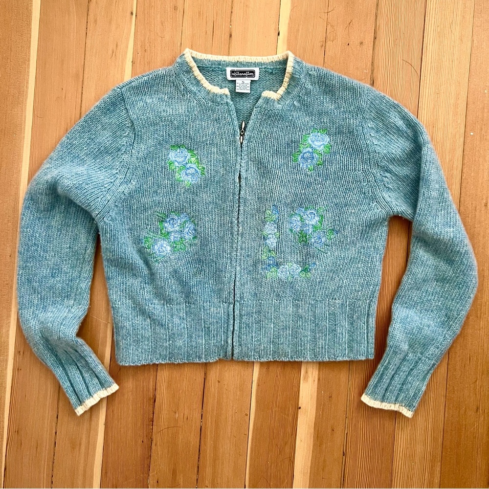 Vintage 90s wool sweater blue floral embroidered XL